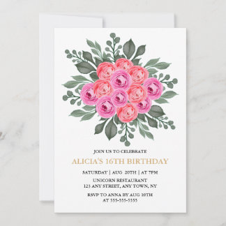 Chic Dusty Pink Flora Rose Gold 16. Geburtstag Einladung