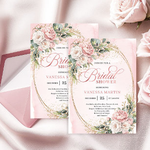 Chic Dusty Pink Florale Gold Glitter Brautparty-Ei Einladung
