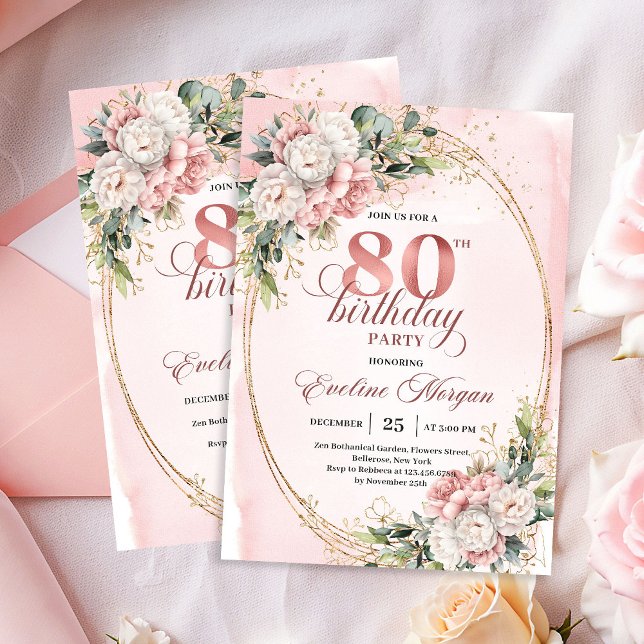 Chic Dusty Pink Flowers Eucalyptus 80th Birthday  Einladung (Chic Dusty Pink Flowers Eucalyptus 80th Birthday Invite)