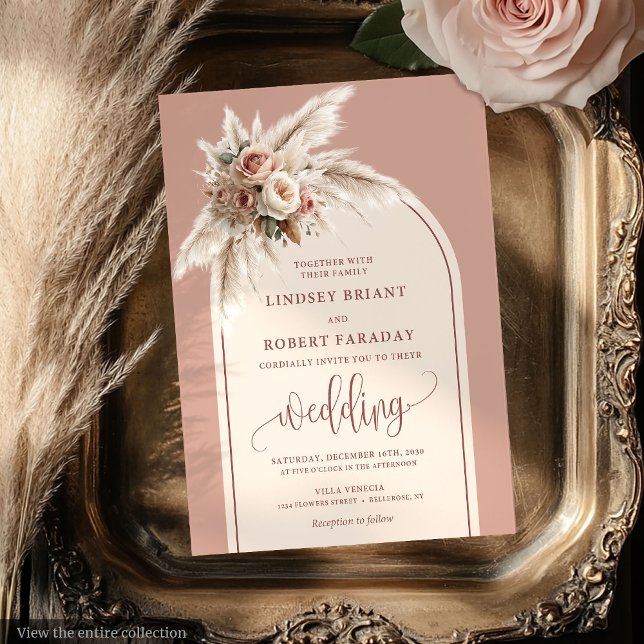 Chic Dusty Pink Pampas Blues Hochzeit Einladung (Chic Dusty Pink Pampas Floral Wedding Invitation)