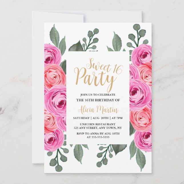 Chic Dusty Pink Rose Greenery Gold Sweet 16 Party Einladung (Vorderseite)