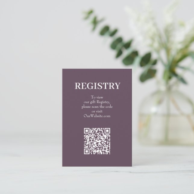 Chic Dusty Purple Wedding Registry QR Code Begleitkarte (Stehend Vorderseite)