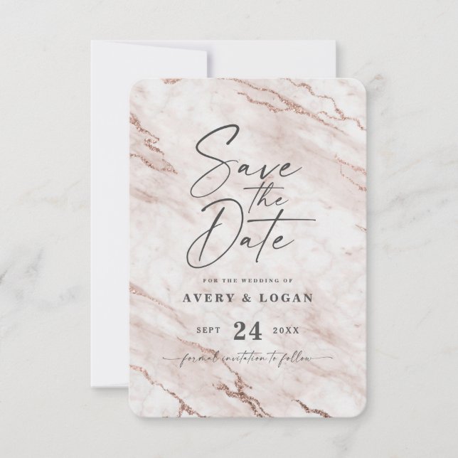 Chic Dusty rosa Marmor mit Details zum Thema Foil Save The Date (Vorderseite)