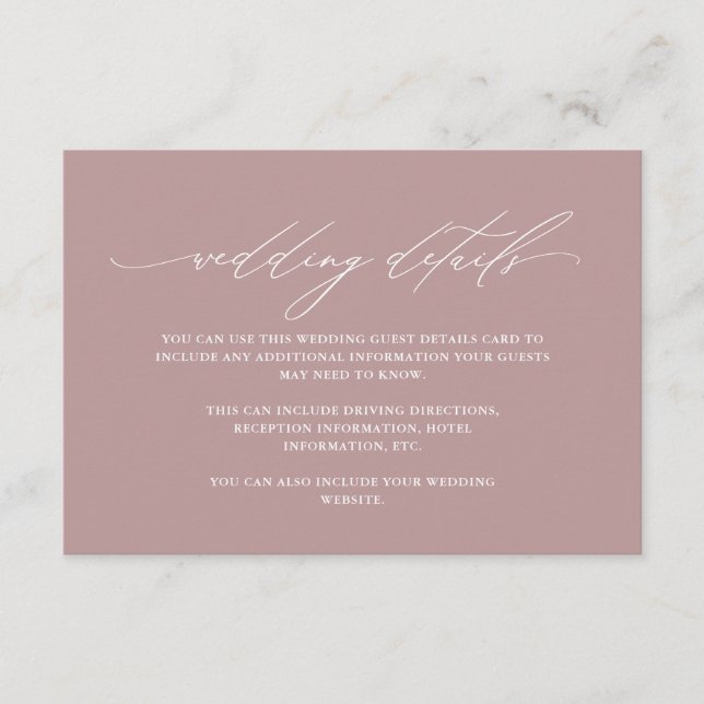 Chic Dusty Rose Calligraphy Wedding Guest Details Begleitkarte (Vorderseite)