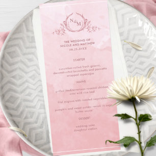Chic Dusty Rose Watercolor, Monogram Wedding Menu Menükarte