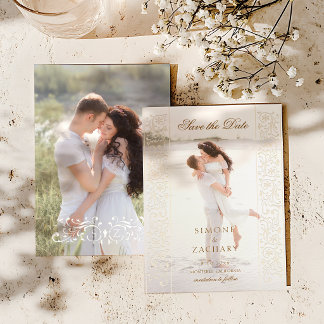Chic Ecru Scrollwork Photo Wedding Save the Date