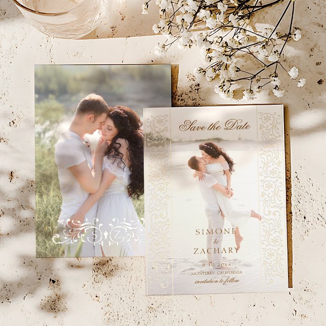 Chic Ecru Scrollwork Photo Wedding Save the Date (Von Creator hochgeladen)