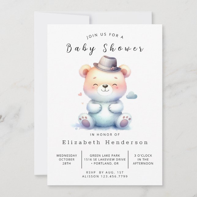 Chic Editable Bear Baby Dusche Einladung (Vorderseite)