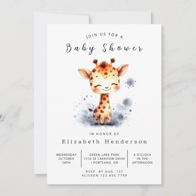 Chic Editable Giraffe Baby Dusche Einladung (Vorderseite)