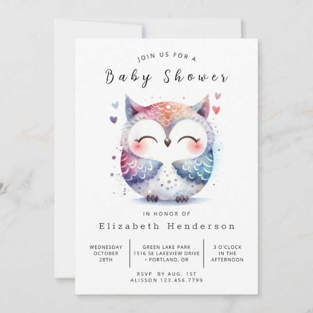 Chic Editable Owl Baby Dusche Einladung (Vorderseite)