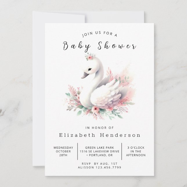 Chic Editable Swan Baby Dusche Einladung (Vorderseite)