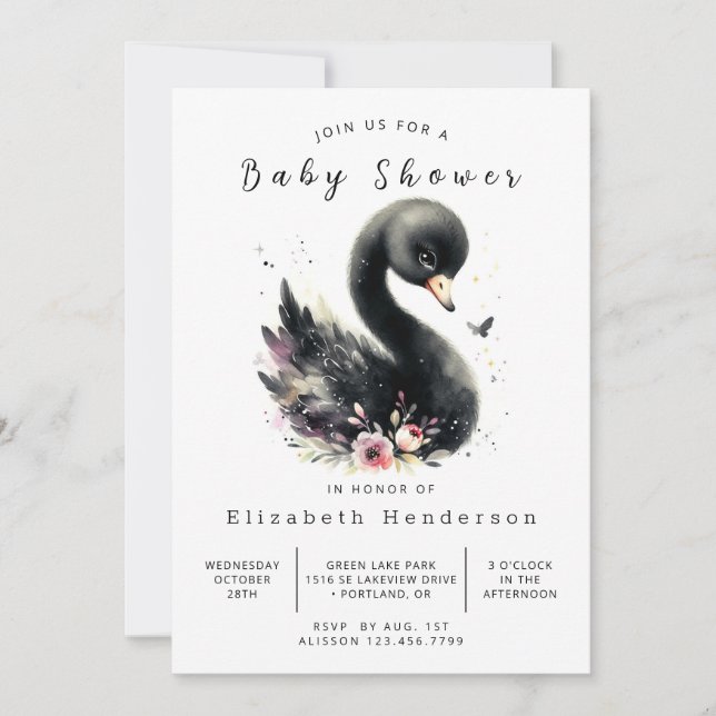 Chic Editable Swan Baby Dusche Einladung (Vorderseite)