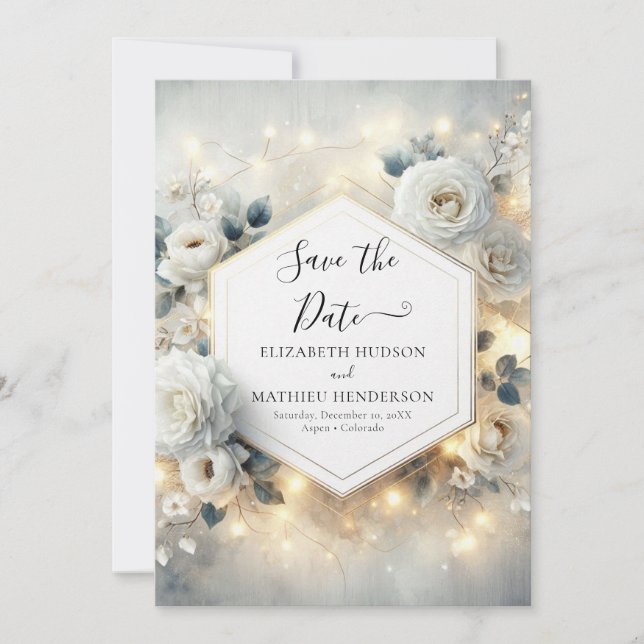 Chic Editable White Roses Wedding Save The Date (Vorderseite)