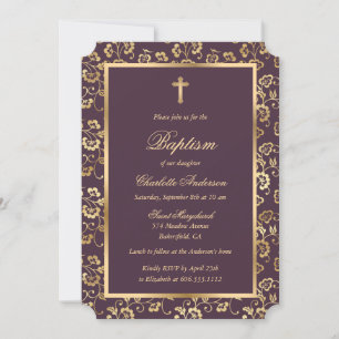 Chic Eggplant und Gold Cross Script Blumentaufen Einladung