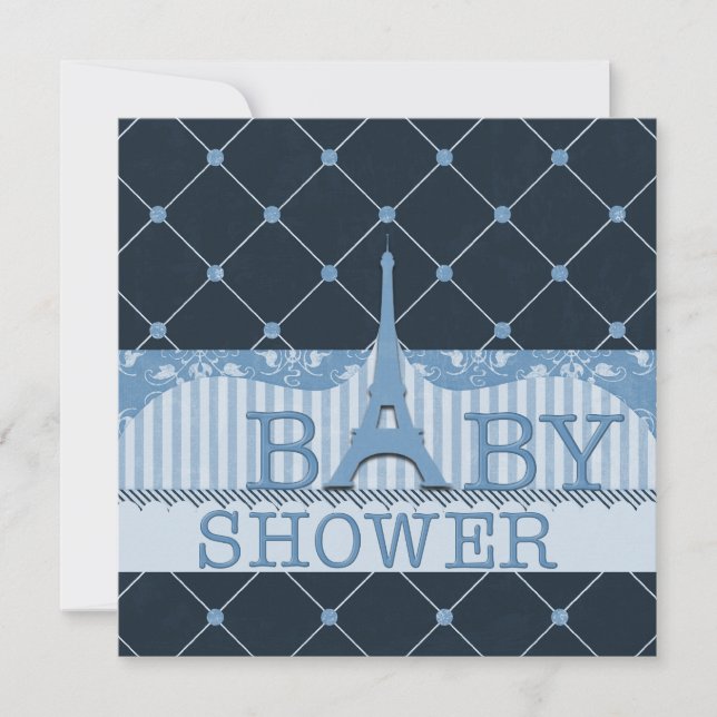 Chic Eiffel Tower Blue Baby Dusche Einladung (Vorderseite)