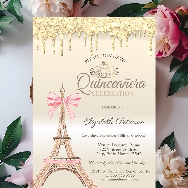 Chic Eiffel Tower Bow Drips Gold Quinceañera  Einladung (Von Creator hochgeladen)