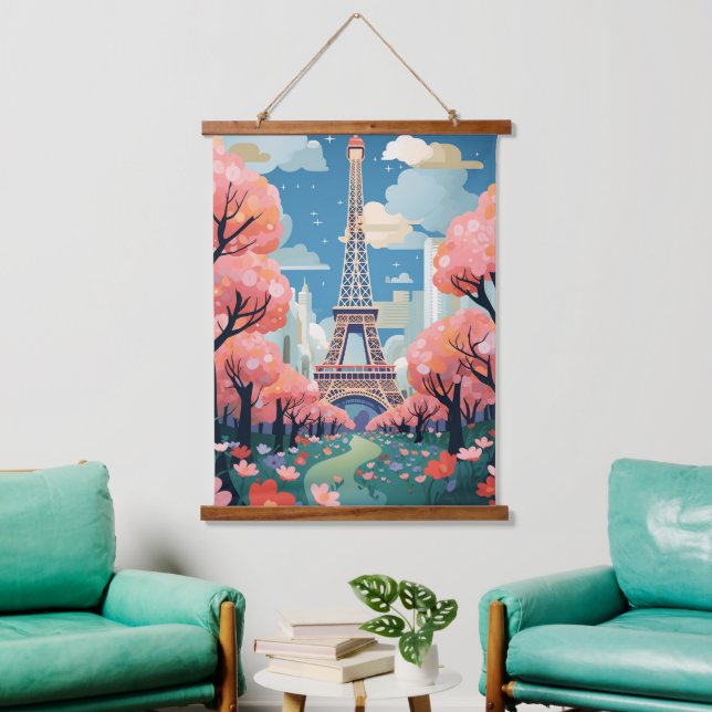 Chic Eiffel Tower Modern Paris Floral Charm Wandteppich Mit Holzrahmen (Wohnzimmer)