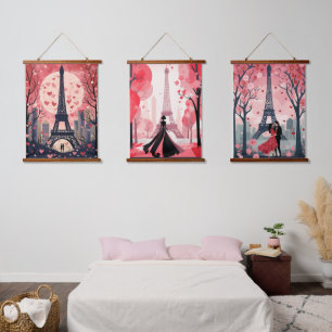 Chic Eiffel Tower Modern Paris Vollmond Herz Wandteppich Mit Holzrahmen