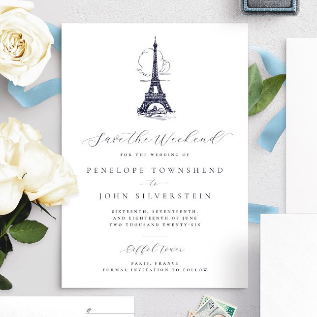 Chic Eiffel Tower Paris Rette die Hochzeit am Woch Save The Date (French Eiffel Tower vintage illustration Save the Weekend card)