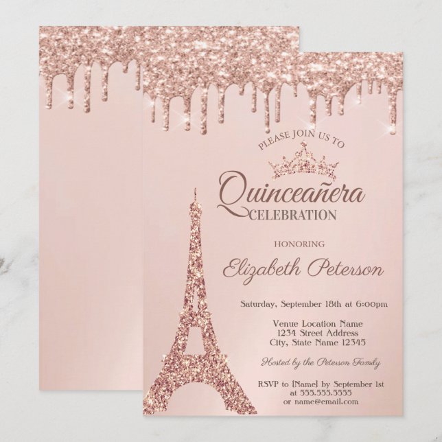 Chic Eiffel Tower, Rose Gold Tropfen Quinceañera Einladung (Vorne/Hinten)
