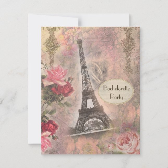 Chic Eiffel Tower & Rose Junggeselinnen-Abschied Einladung (Vorderseite)