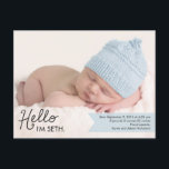 Chic Einführung Birth Announcement - Blue Ankündigungspostkarte<br><div class="desc">Die moderne Geburtsankündigung eines Fotos ist eine nette und charmante Art,  das neueste Familienmitglied vorzustellen. Personalisieren Sie die Rückseite der Postkarte mit Ihrer Rücksendeadresse für einfaches Mailen. Auf Wunsch können Sie eine benutzerdefinierte Farbe wählen.</div>