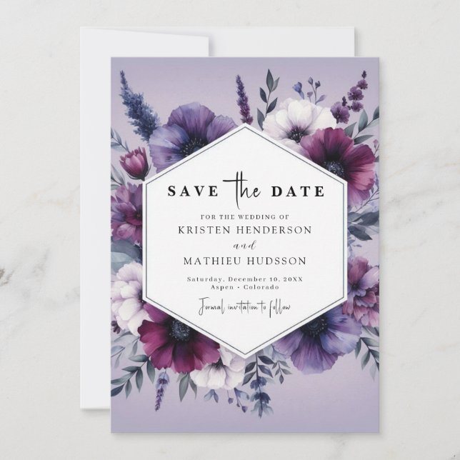 Chic Einzigartige Lila Blumenhochzeit Save The Date (Vorderseite)