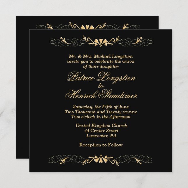 Chic Elegance Black and Gold Hochzeit Einladung (Vorne/Hinten)