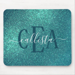Chic Elegant Aquamarin Blue Funkelnd Glitzer Monog Mousepad