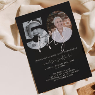 Chic Elegant Black Foto Script 50. Geburtstag Einladung