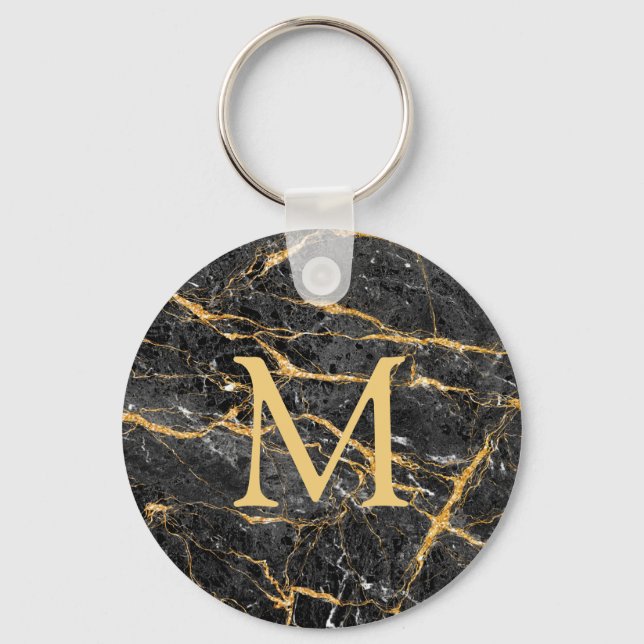 Chic Elegant Black Gold Marmor Monogram Schlüsselanhänger (Vorderseite)