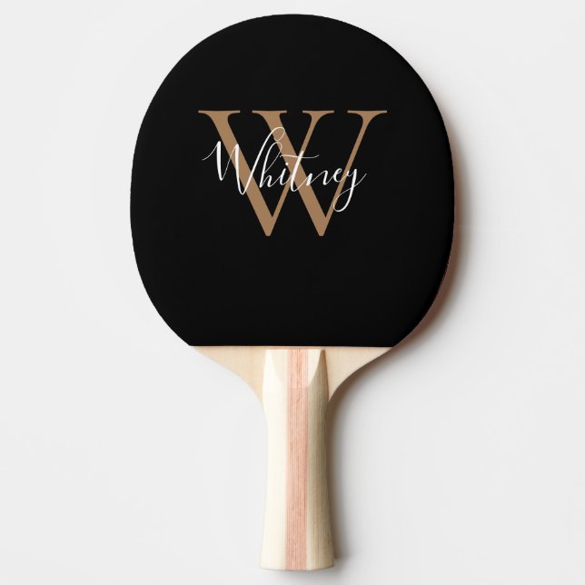 Chic Elegant Black Gold Monogram Script Name Tischtennis Schläger (Vorderseite)