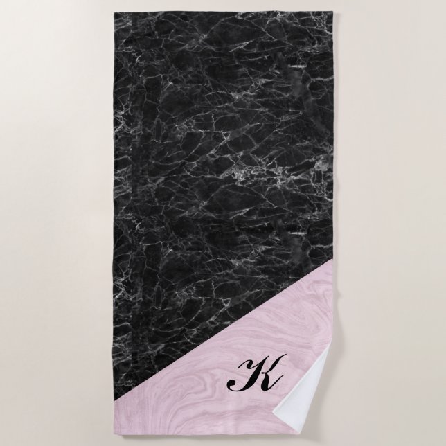 Chic Elegant Black Pink Marble Mit Monogramm Beach Strandtuch (Vorderseite)