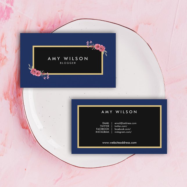 Chic Elegant Blogger Social Media Blue Floral Visitenkarte (Von Creator hochgeladen)