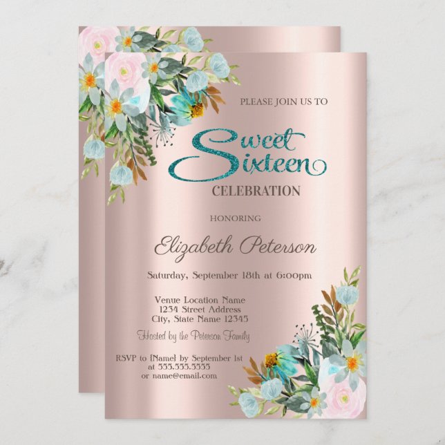 Chic Elegant Blume Rose Gold Sweet 16 Einladung (Vorne/Hinten)