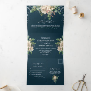Chic Elegant Blush Florals & Navy Tri-Fold Hochzei Dreifach Gefaltete Einladung