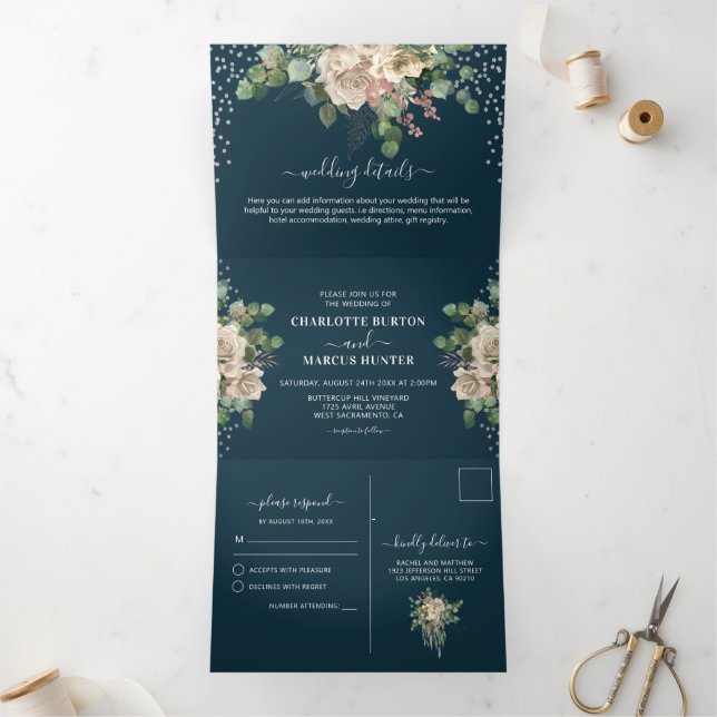Chic Elegant Blush Florals & Navy Tri-Fold Hochzei Dreifach Gefaltete Einladung (Innenseite)