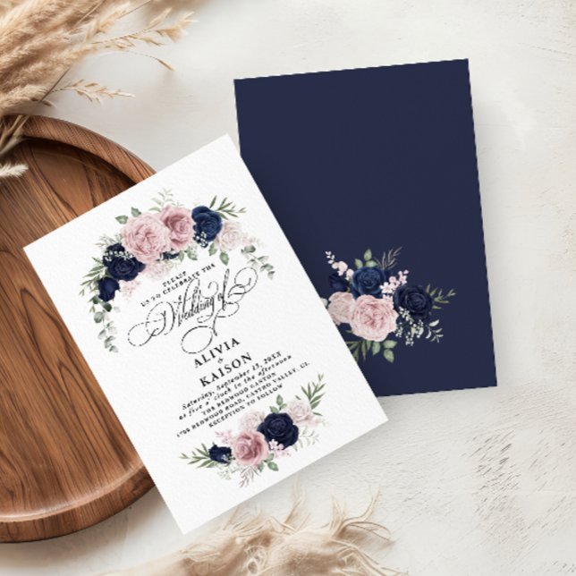 Chic Elegant Blush Navy Blue Wedding Einladung (Von Creator hochgeladen)