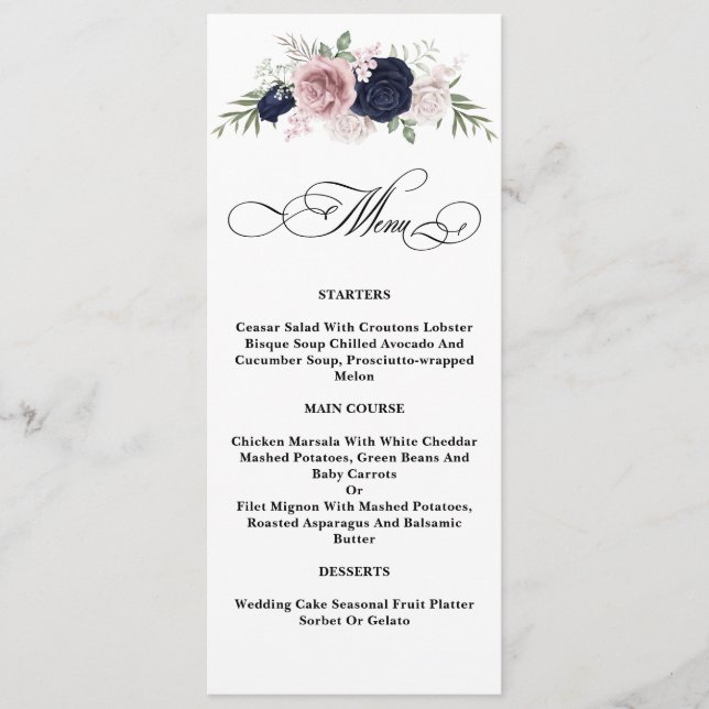 Chic Elegant Blush Navy Blue Wedding Menu Menükarte (Vorderseite)