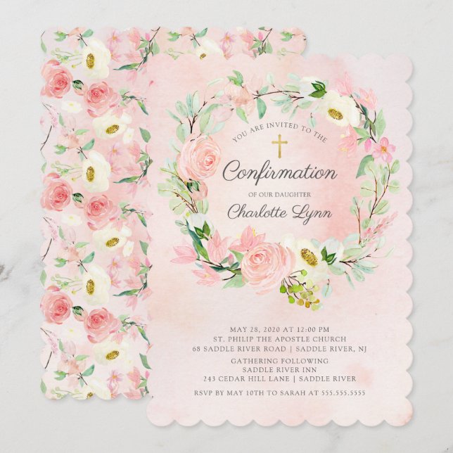 Chic & Elegant Blush Pink Floral Bestätigung Einladung (Vorne/Hinten)
