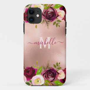 Chic Elegant Burgundy Blush Pink Floral Name Case-Mate iPhone Hülle