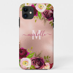 Chic Elegant Burgundy Blush Pink Floral Name Case-Mate iPhone Hülle