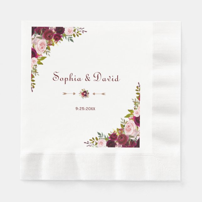 Chic Elegant Burgundy Marsala Floral Wedding Serviette (Vorderseite)