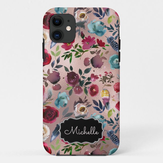 Chic Elegant Burgundy Pink Navy Blumenname Case-Mate iPhone Hülle (Rückseite)