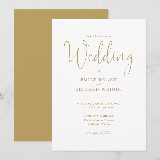 Chic Elegant Calligraphy Gold Script Wedding Einladung (Vorne/Hinten)