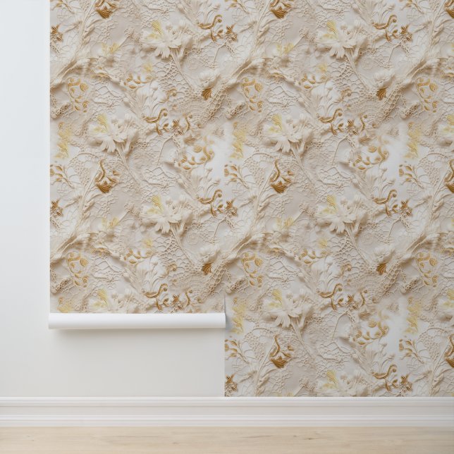 Chic, Elegant Creams & Leder Blume-Look Tapete (Anwendung)