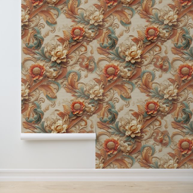 Chic, Elegant Creams & Leder Blume-Look Tapete (Anwendung)