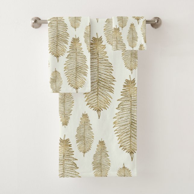 Chic Elegant Gold & Blush Sage Fern Leaf Badhandtuch Set (Insitu)