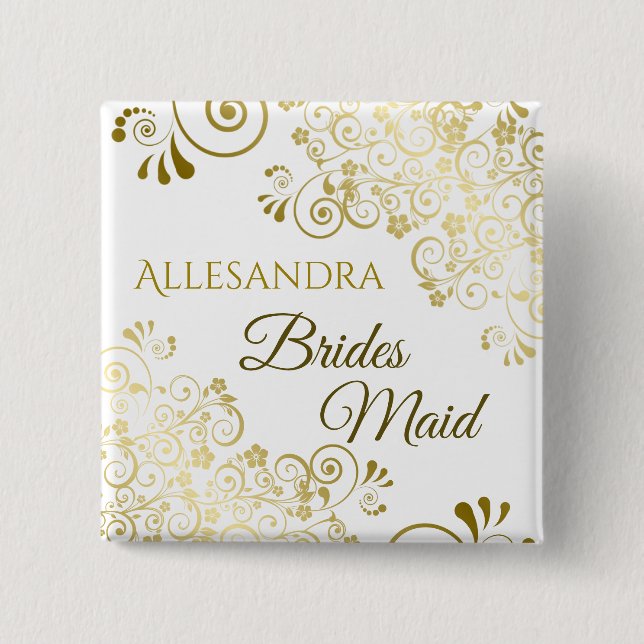 Chic Elegant Gold Filigree Bridesmaid Name Tag Button (Vorderseite)