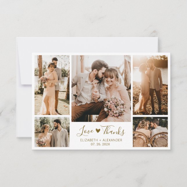 Chic Elegant Gold Script 5 Foto Collage Wedding Dankeskarte (Vorderseite)